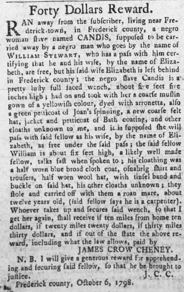 Ad for Perth and Cato, 1777, and ad for Candis, 1798. (Maryland Gazette, Maryland State Archives)