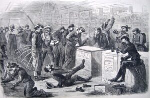 Confederate troops “shop” in a store in Pennsylvania, exchanging bills of Confederate currency for liquor, cigars, boots and other items of clothing (New York Illustrated Newspaper, July 18, 1863, 185; courtesy of Princeton University Library)