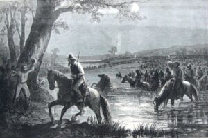 Southern soldiers crossing the Potomac River into Maryland on September 4, 1862 (Harper’s Weekly, September 27, 1862; NPS History Collection)