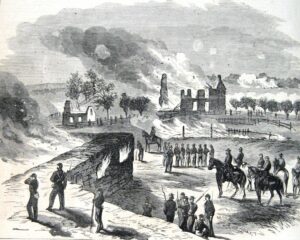 A fire engulfs the home and barn of Samuel Mumma during the Battle of Antietam (A.R. Waud, artist; Harper’s Weekly, October 11, 1862; NPS History Collection)