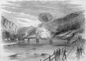 Before Confederate troops evacuated Harpers Ferry on June 14, 1861, they destroyed the railroad bridge spanning the Potomac River (Harper’s Weekly, July 6, 1861; Library of Congress)