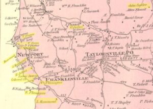 1877 Carroll Co. Atlas map (Franklin District) showing Newport, a cluster community that grew around Boss Hammond’s land, beginning in 1840, and the Fairview ME Church. (Johns Hopkins University Library)