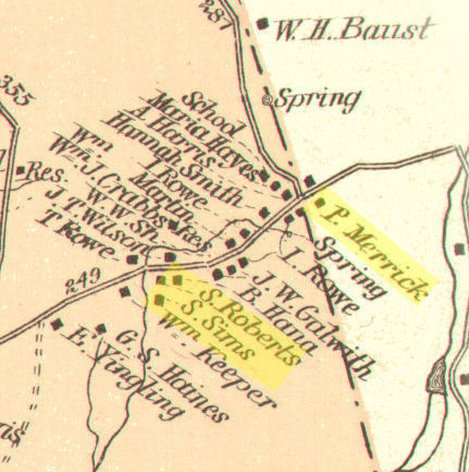 The Middletown or Muttontown community as it appeared in 1877, divided between two districts, Union Bridge District (left, below) and Uniontown District (right). Yellow highlighted names indicate African American residents. (Johns Hopkins University Library)