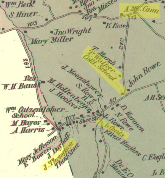 The Middletown or Muttontown community as it appeared in 1877, divided between two districts, Union Bridge District (left, below) and Uniontown District (right). Yellow highlighted names indicate African American residents. (Johns Hopkins University Library)