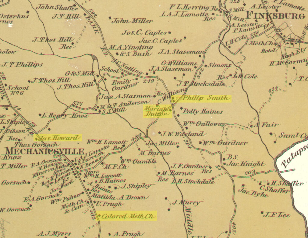 1877 Carroll Co. Atlas, Woolery District, detail showing the "Colored Meth. Ch." and nearby Black landowners. (Johns Hopkins University Library)