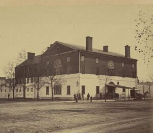 The Old Capitol Prison in Washington, DC, where Elizabeth White, Kate and Betsie Ball, and Annie Hempstone spent three weeks in 1864 (Library of Congress)