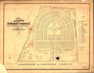 The plan of Antietam National Cemetery as designed by A.A. Biggs in 1866; note #28, “Genl Lee’s Rock” in the bottom right corner of the map. (Library of Congress)