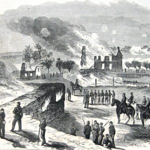 For farmer Samuel Mumma the tragedy of the Battle of Antietam was compounded by the loss of his house and barn, which were set ablaze during the course of the fighting (Harpers Weekly, October 11, 1862; NPS History Collection)