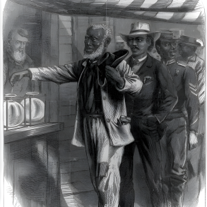 “The First Vote,” depicting African American men voting in the South after the passage of the Reconstruction Acts of 1867 (Harper’s Weekly, November 16, 1867; Library of Congress)